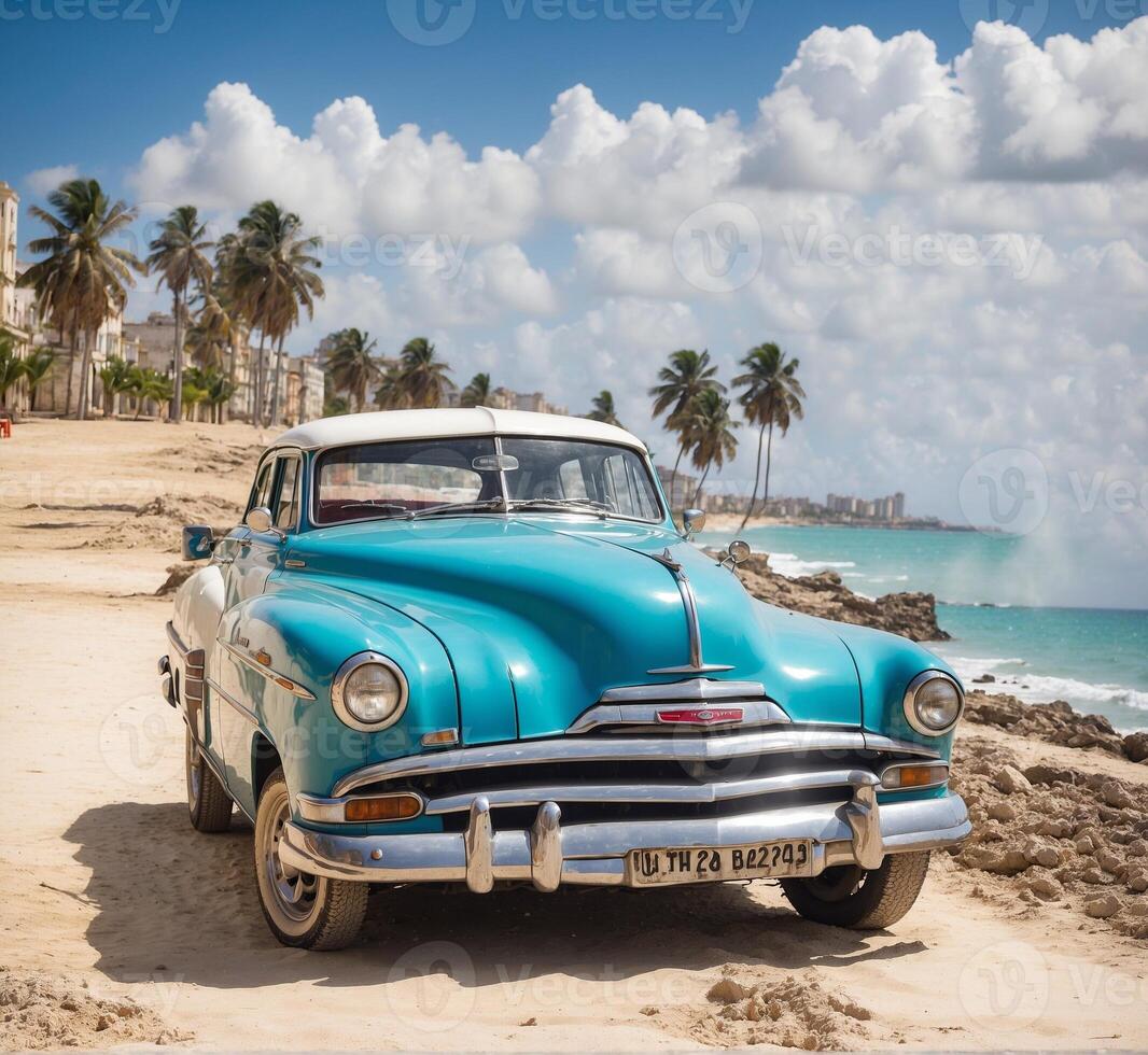 ai generiert alt amerikanisch Auto auf das Strand im Havanna, Kuba. Havanna ist das Hauptstadt und größten Stadt von Kuba. foto