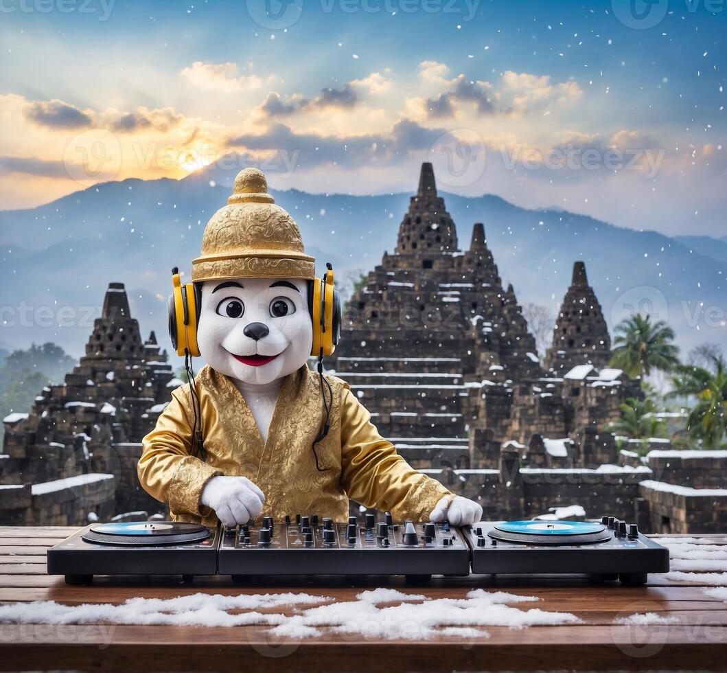 ai generiert dj spielen Musik- im Vorderseite von Borobudur Tempel, Indonesien foto
