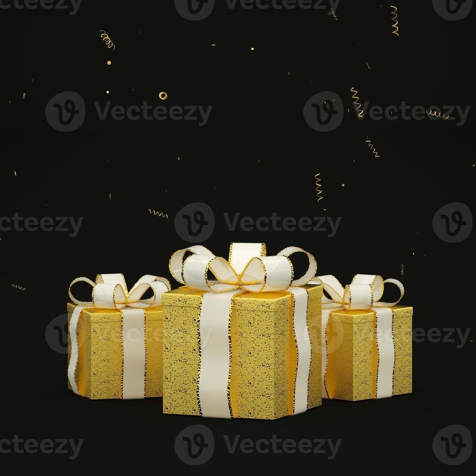 Weihnachtskarte mit goldenen Geschenken auf dunklem Hintergrund 3d render foto