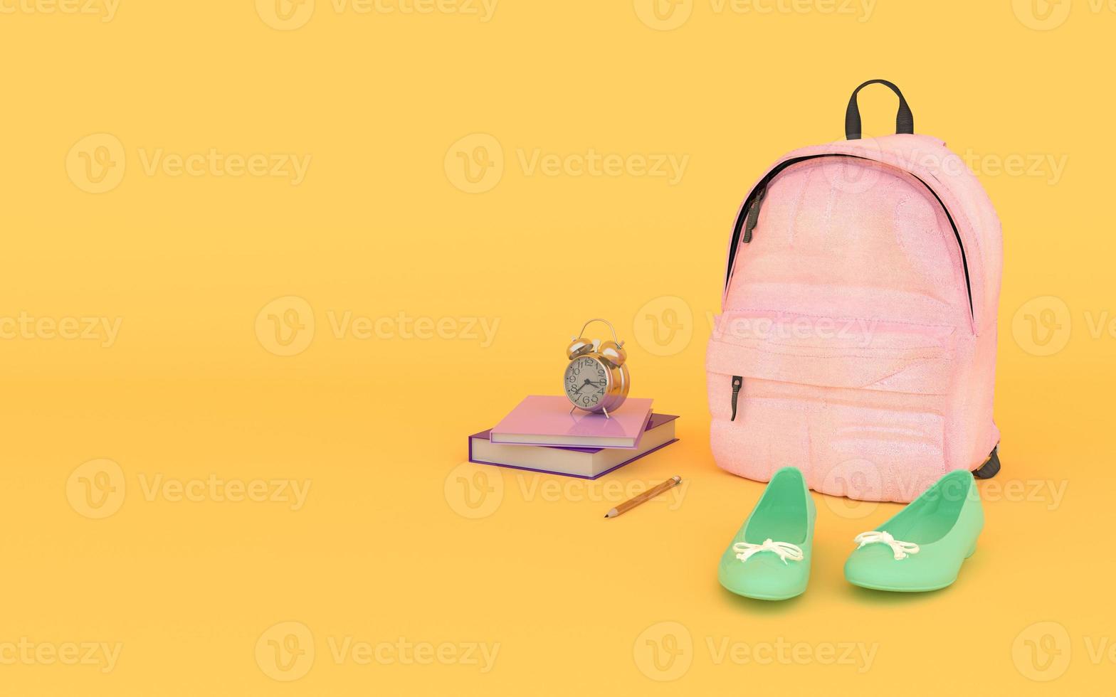 Mädchen rosa Rucksack in gelbem Hintergrund mit Büchern und Schuhen zurück zur Schule 3D-Rendering foto