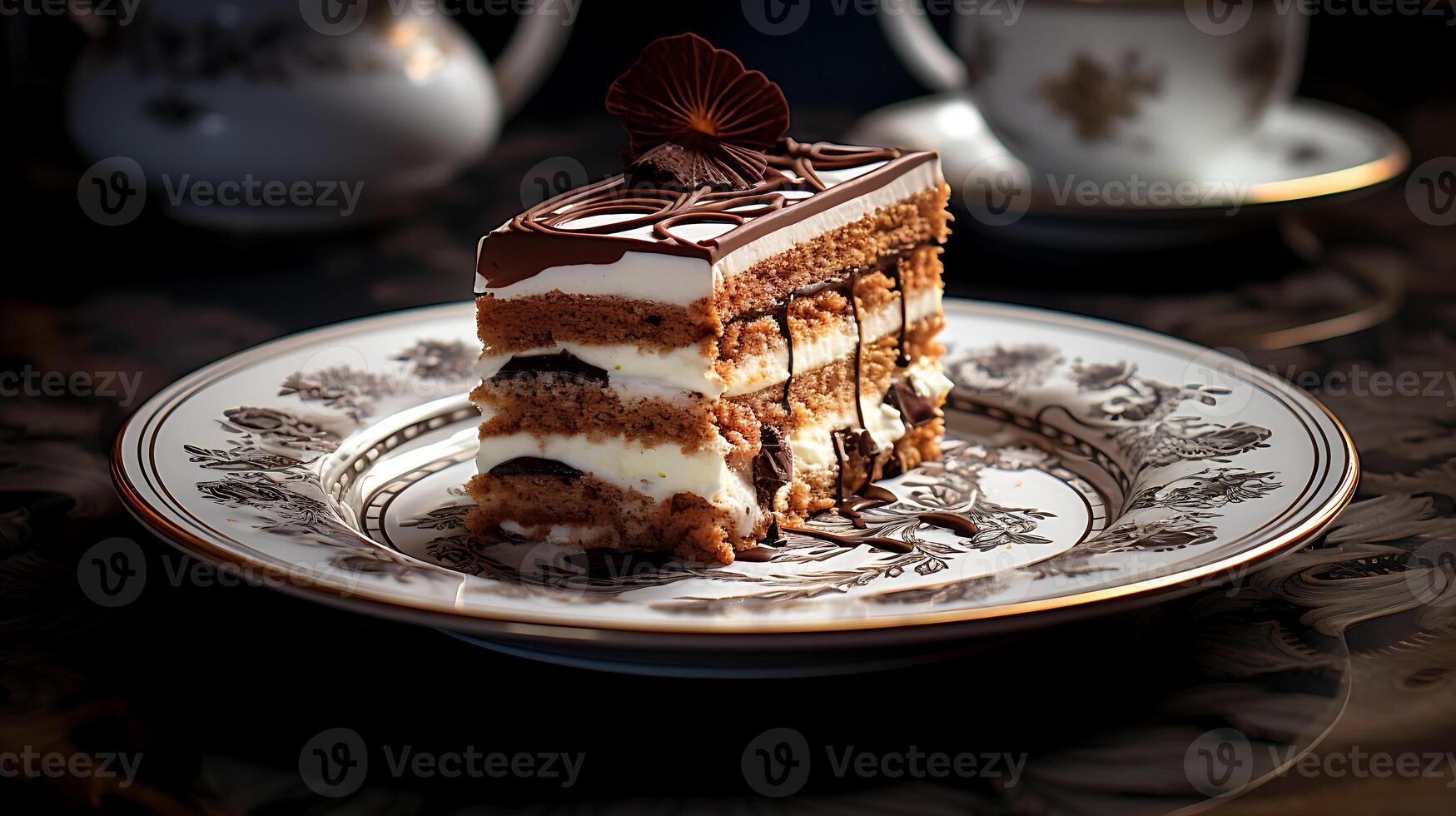 ai generiert Aussicht von ein Essen Restaurant hat ein schön köstlich Tiramisu bunt Kuchen auf ein Teller foto