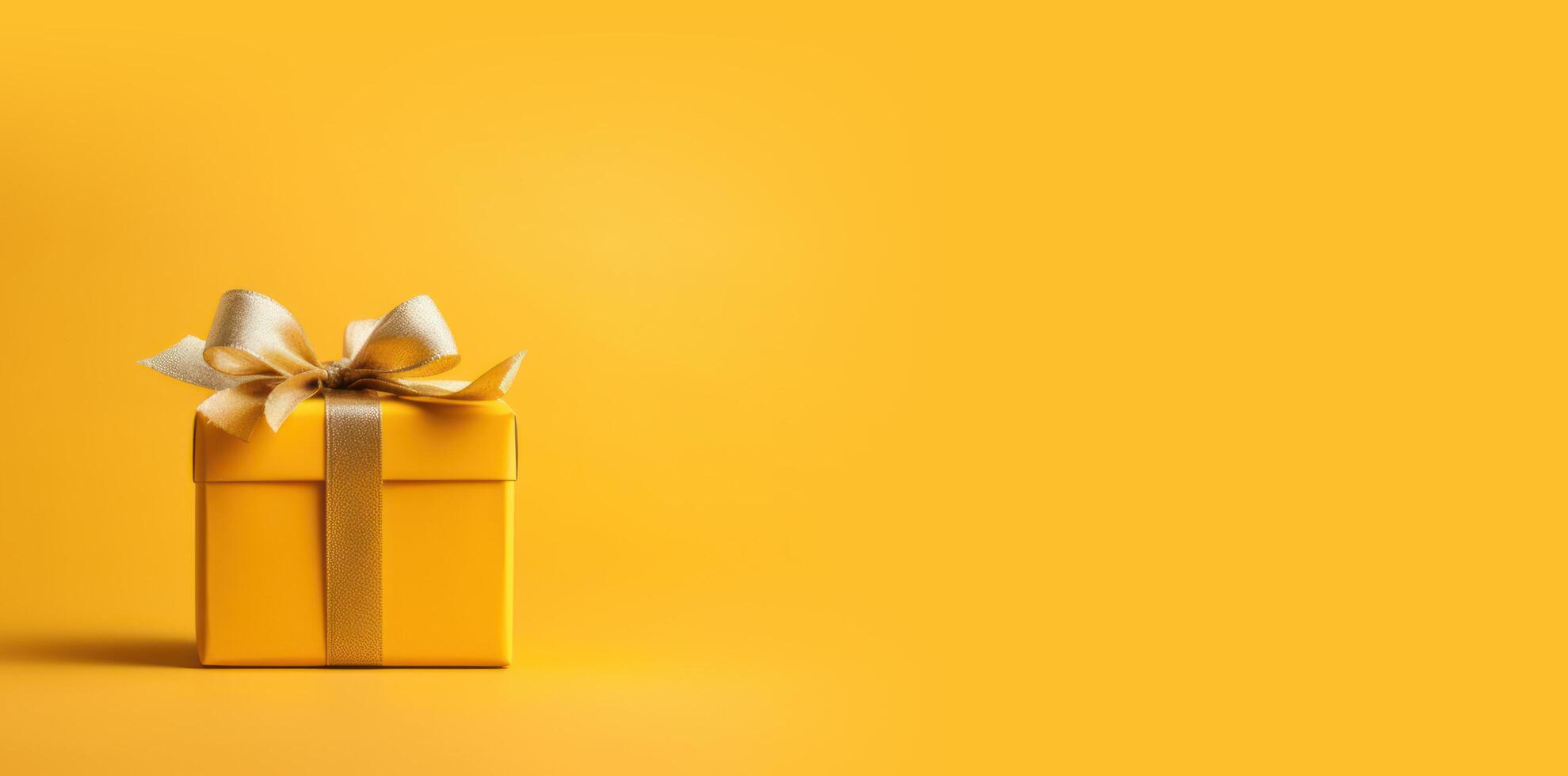 ai generiert Geschenk Box auf Gelb Hintergrund, Verkauf Banner, schwarz Freitag Verkauf, Cyber Montag Verkauf, generativ ai foto