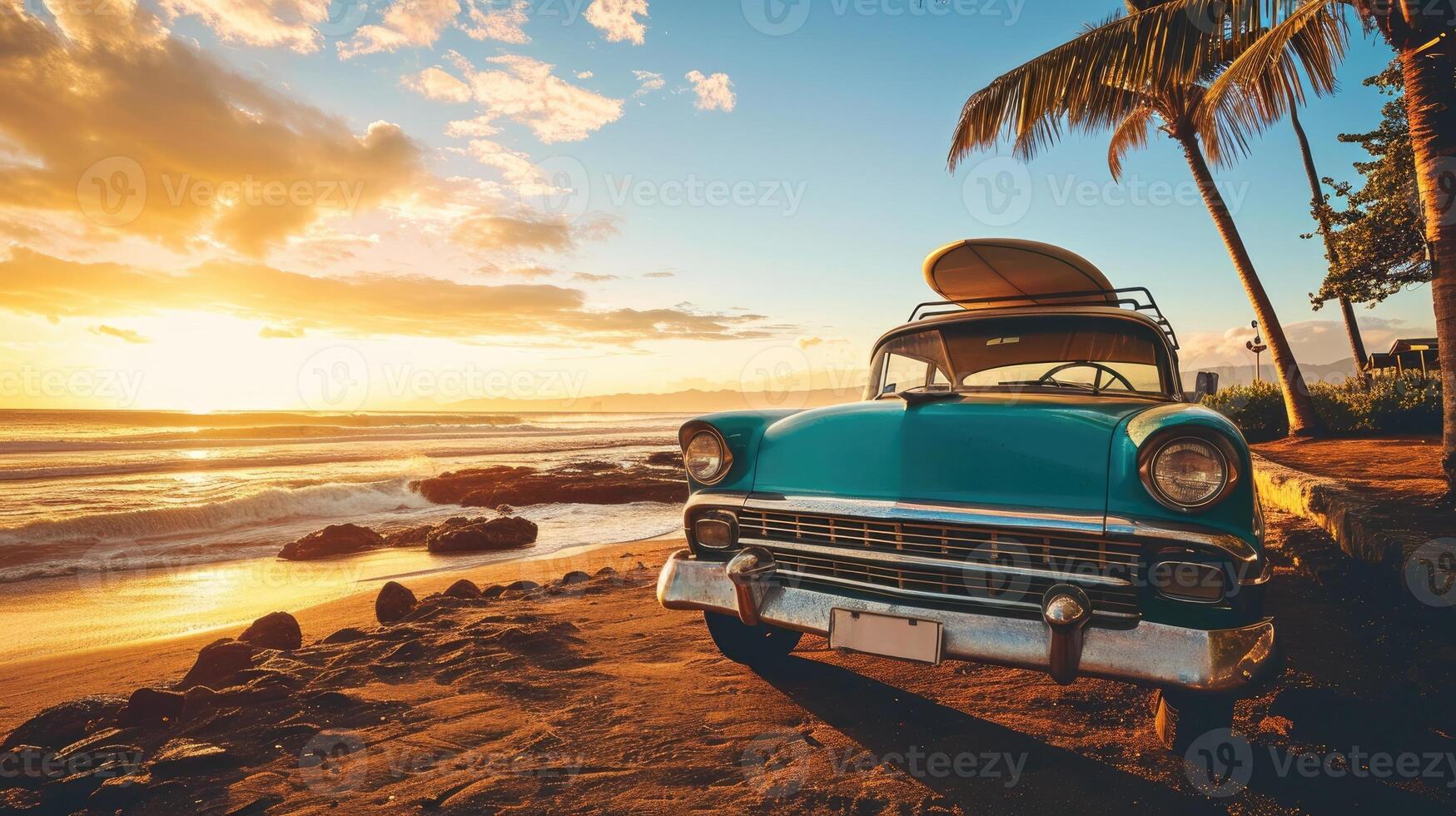 ai generiert ein alt Auto geparkt auf ein tropisch Strand mit ein Kanu auf das Dach. foto