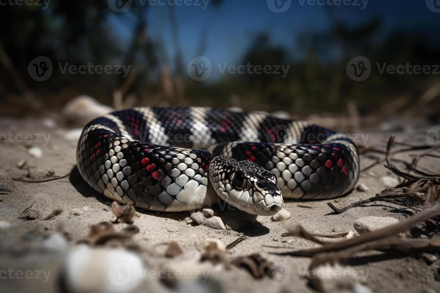 ai generiert Königsschlange breit voll Körper Aussicht auf das Boden beim sonnig Tag, neural Netzwerk generiert Bild foto