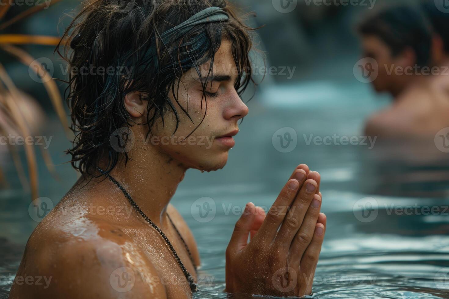 ai generiert ein Mann Sitzung im das Wasser üben Yoga , genießen Meditation foto