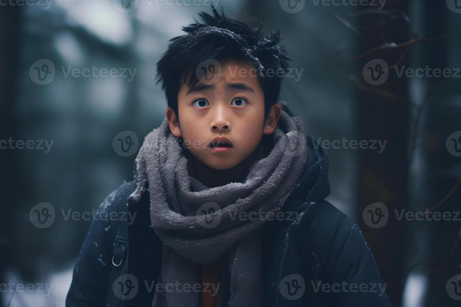 ai generiert asiatisch Junge hat verloren im Wald beim Winter Abend, neural Netzwerk generiert fotorealistisch Bild foto