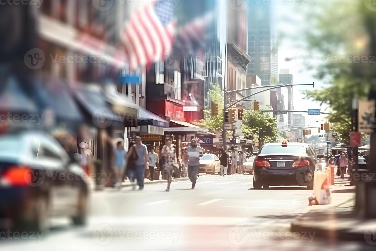 ai generiert amerikanisch Innenstadt Straße Aussicht beim sonnig Sommer- Tag, neural Netzwerk generiert Bild foto