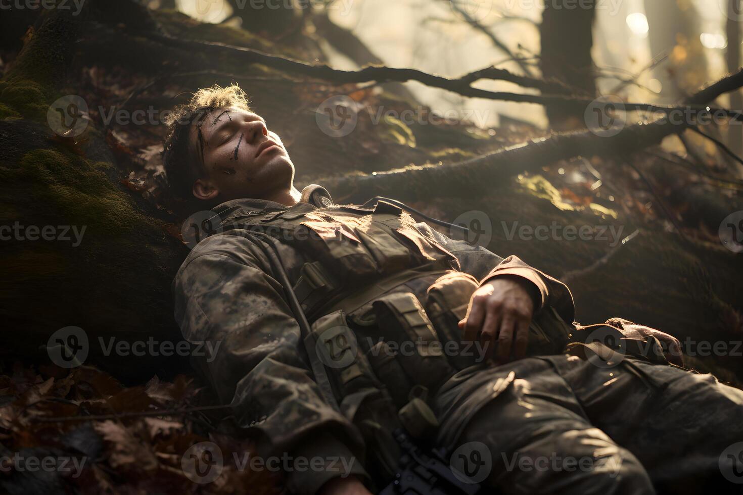 ai generiert schmutzig müde Soldat schläft auf Baum Wurzeln im tief Wald beim Herbst Abend, neural Netzwerk generiert Bild foto