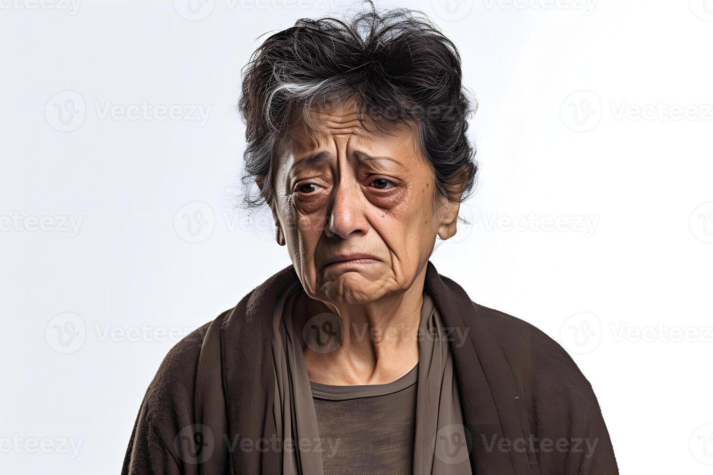 ai generiert traurig Weinen Senior Latein amerikanisch Frau Porträt auf Weiß Hintergrund. neural Netzwerk generiert fotorealistisch Bild foto