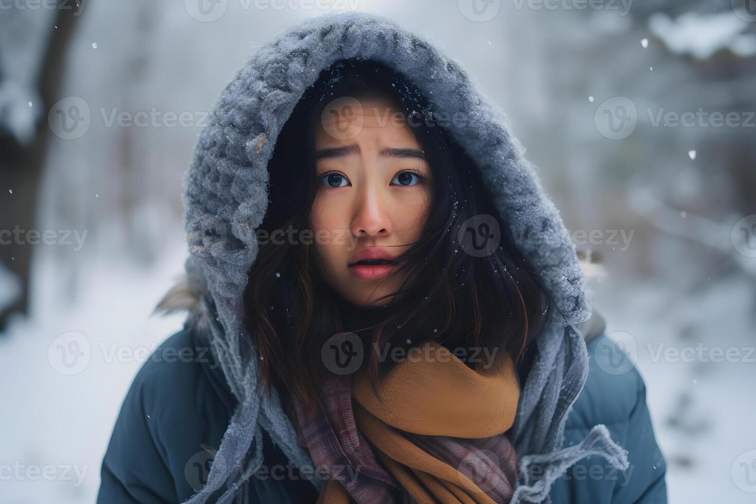 ai generiert asiatisch Frau hat verloren im schneebedeckt Winter Wald beim Tag, neural Netzwerk generiert fotorealistisch Bild foto