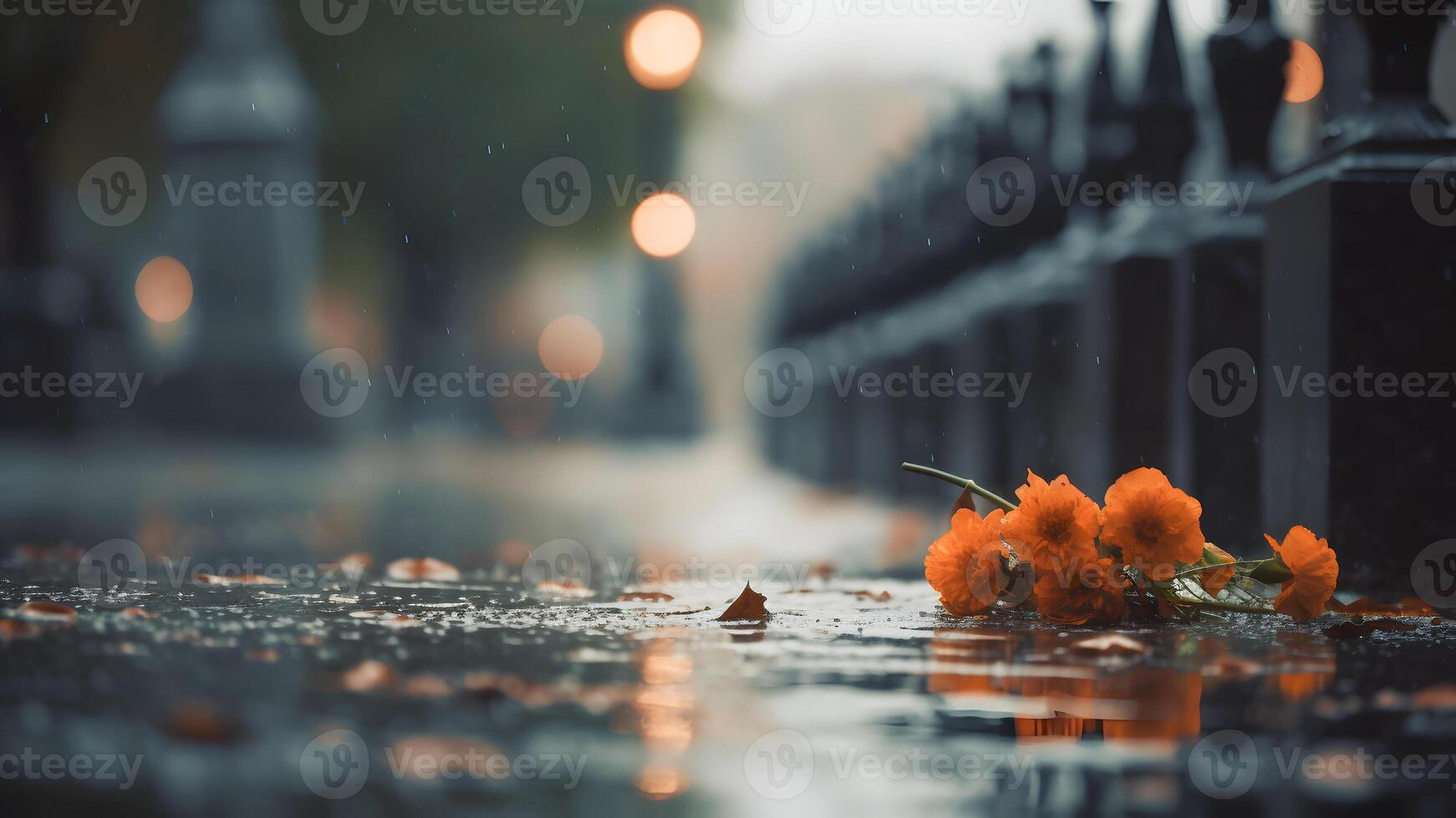 ai generiert regnerisch Beerdigung mit Gelb Blumen Bouqet mit Bokeh, neural Netzwerk generiert fotorealistisch Bild foto