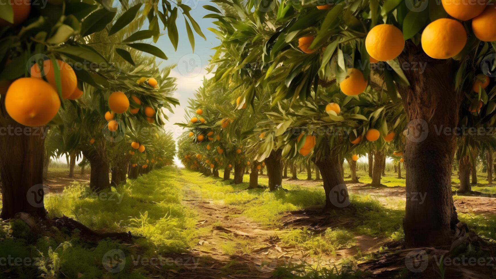 ai generiert Orangen Reifung beim Landwirtschaft Bauernhof beim sonnig Sommer- Tag, neural Netzwerk generiert fotorealistisch Bild foto