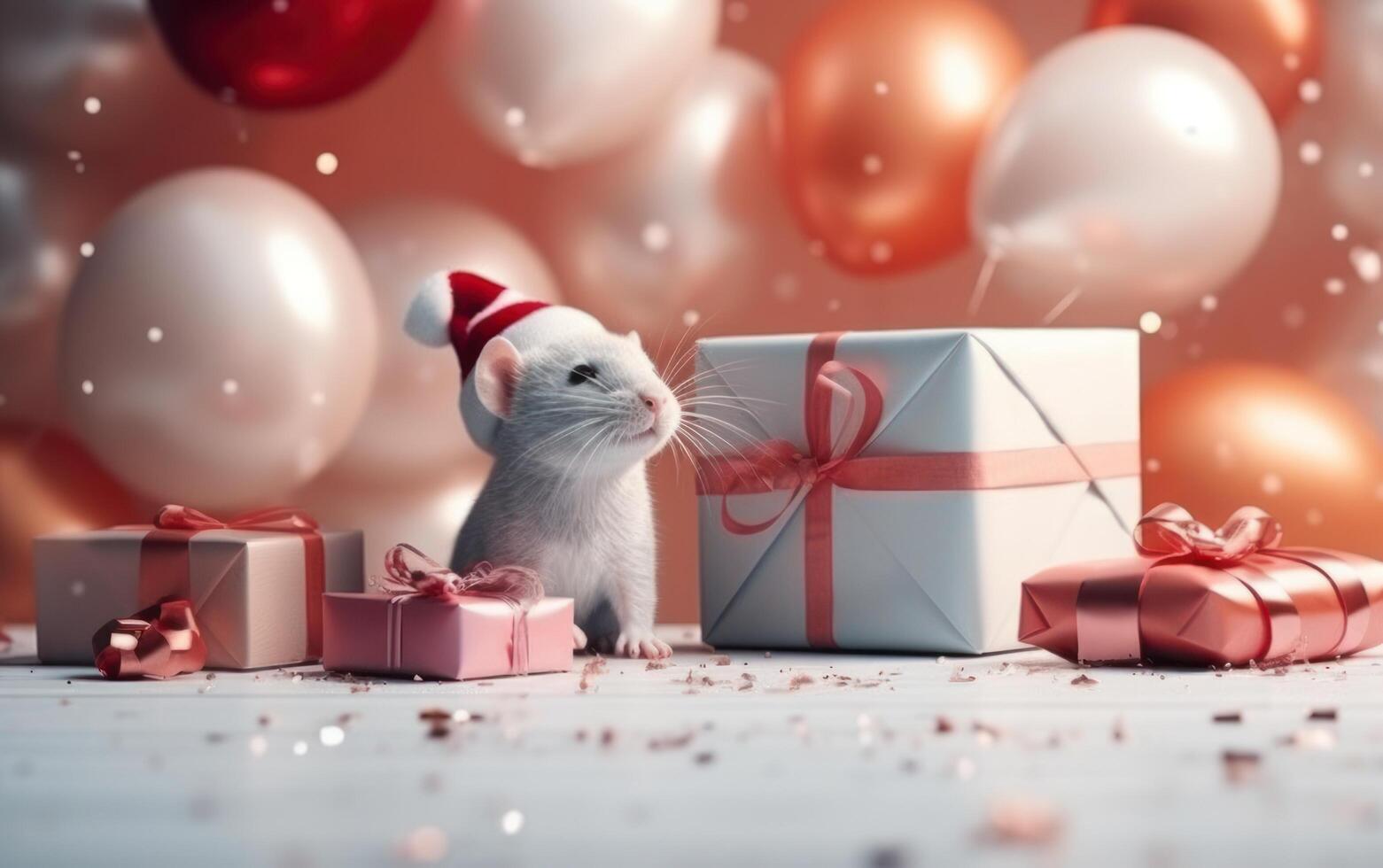 ai generiert bezaubernd Maus mit Geschenk Boxen. süß Ratte mit Ballon. Neu Jahr Feier. ai generativ foto