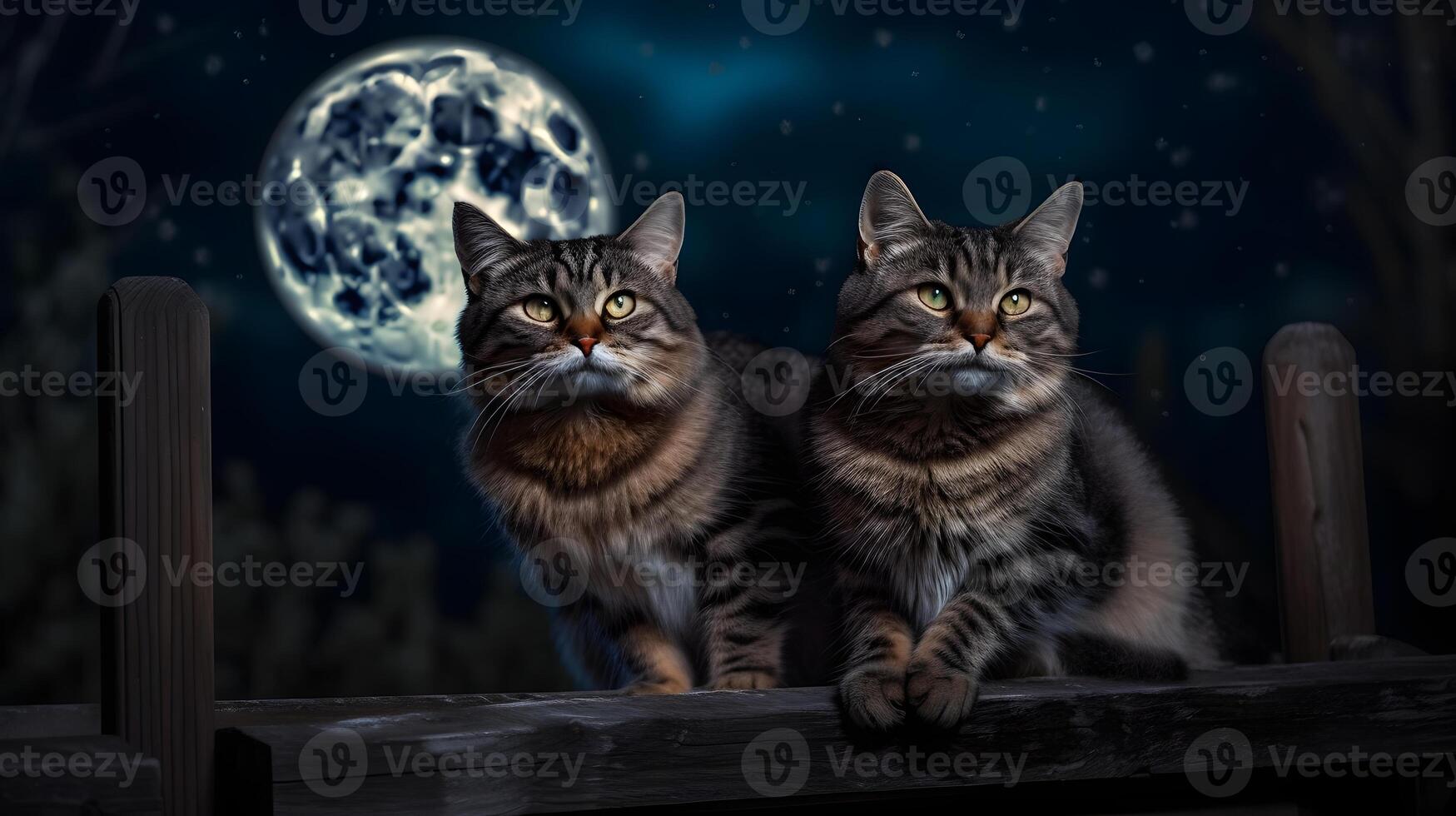 ai generiert Paar von bezaubernd Katzen Sitzung auf Zaun im Vorderseite von voll Mond Nacht Himmel, neural Netzwerk generiert Bild foto