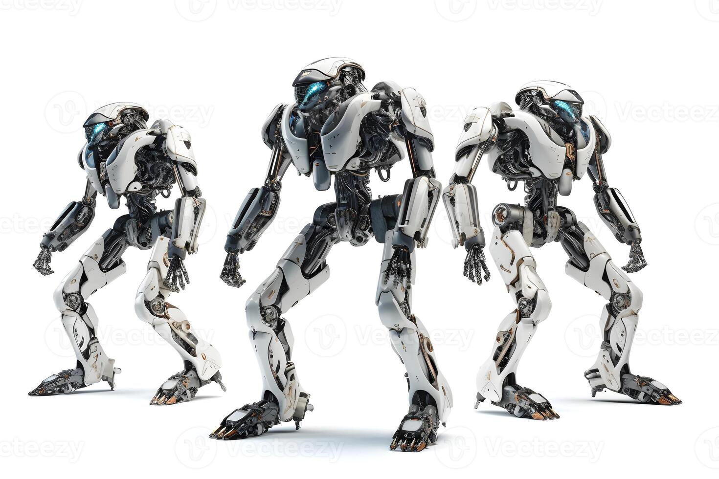 ai generiert Gruppe von drei futuristisch Hightech Humanoid anthropomorph Roboter auf Weiß Hintergrund, neural Netzwerk generiert Bild foto