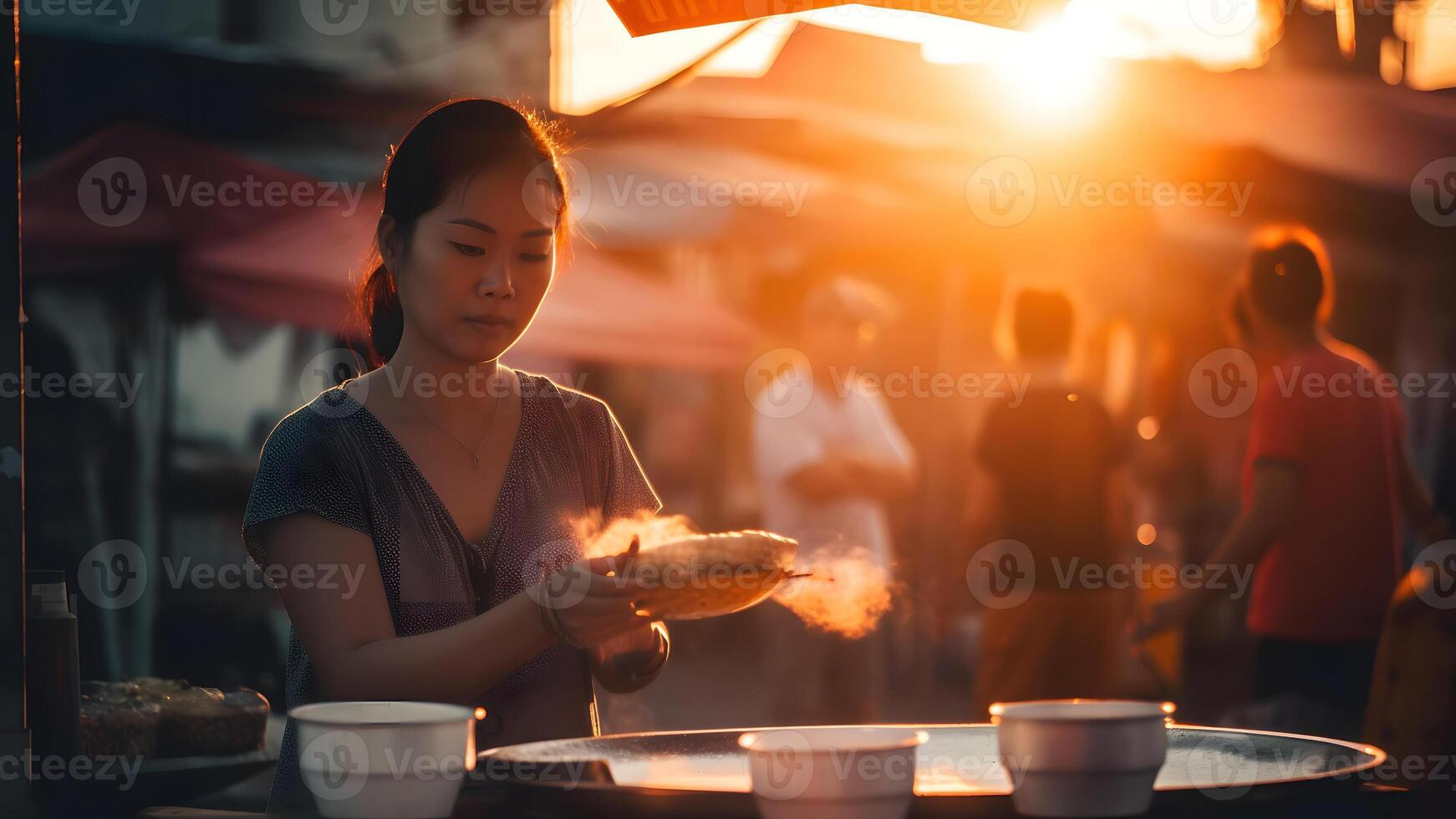 ai generiert thailändisch Frau Verkauf pho beim Abend Straße Markt, neural Netzwerk generiert Bild foto