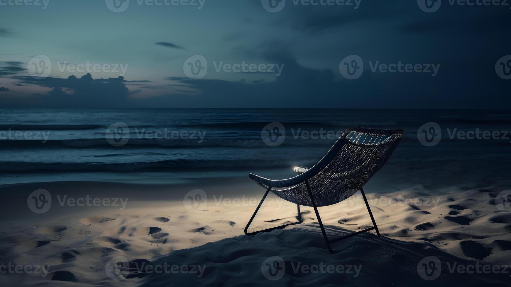 ai generiert leeren Strand Stuhl auf Sand Strand beim Nacht - - Sommer- Ferien Thema, neural Netzwerk generiert Kunst foto