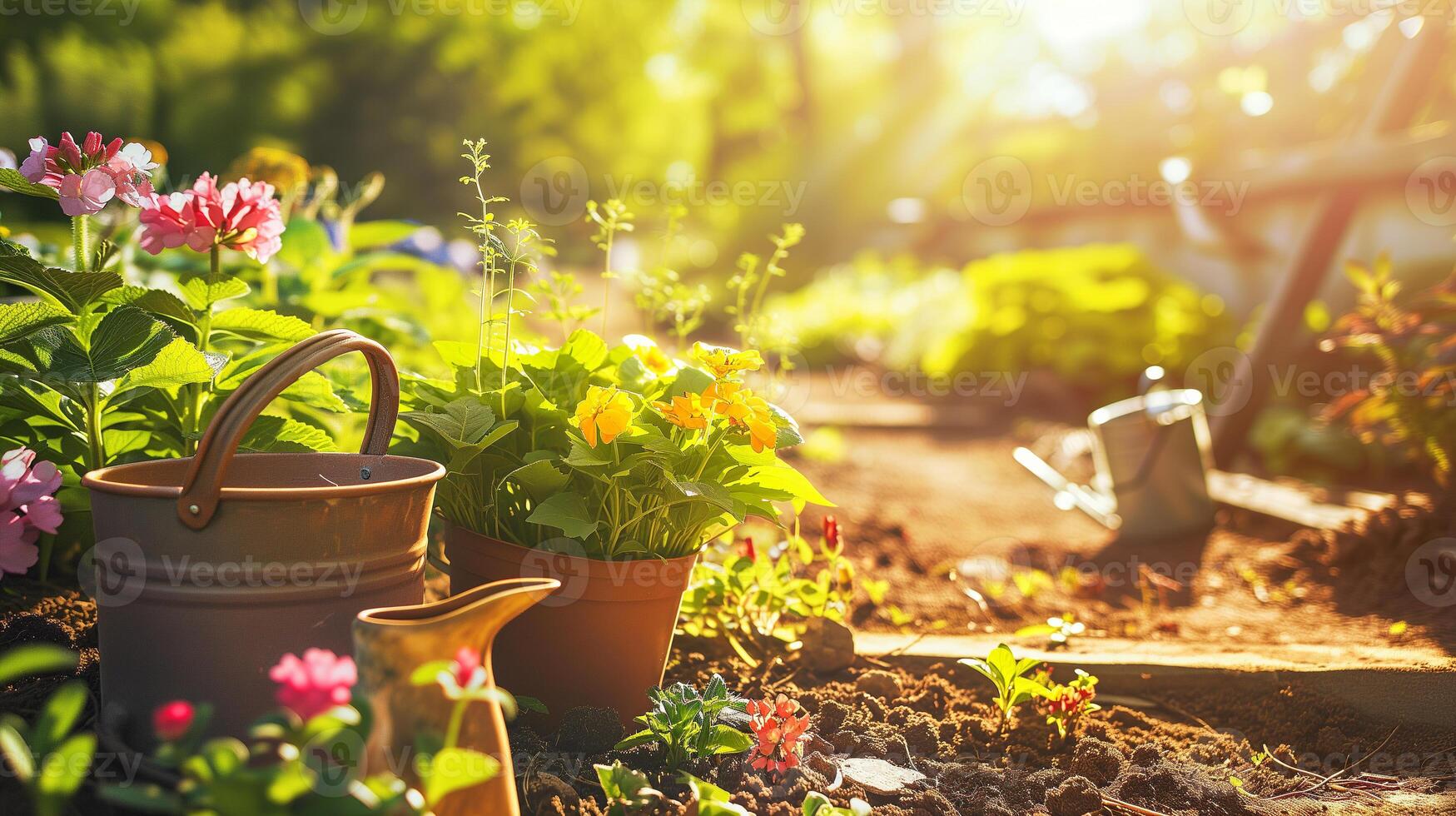 ai generiert Gartenarbeit Konzept. Garten Blumen und Pflanzen auf ein sonnig Frühling Hintergrund foto