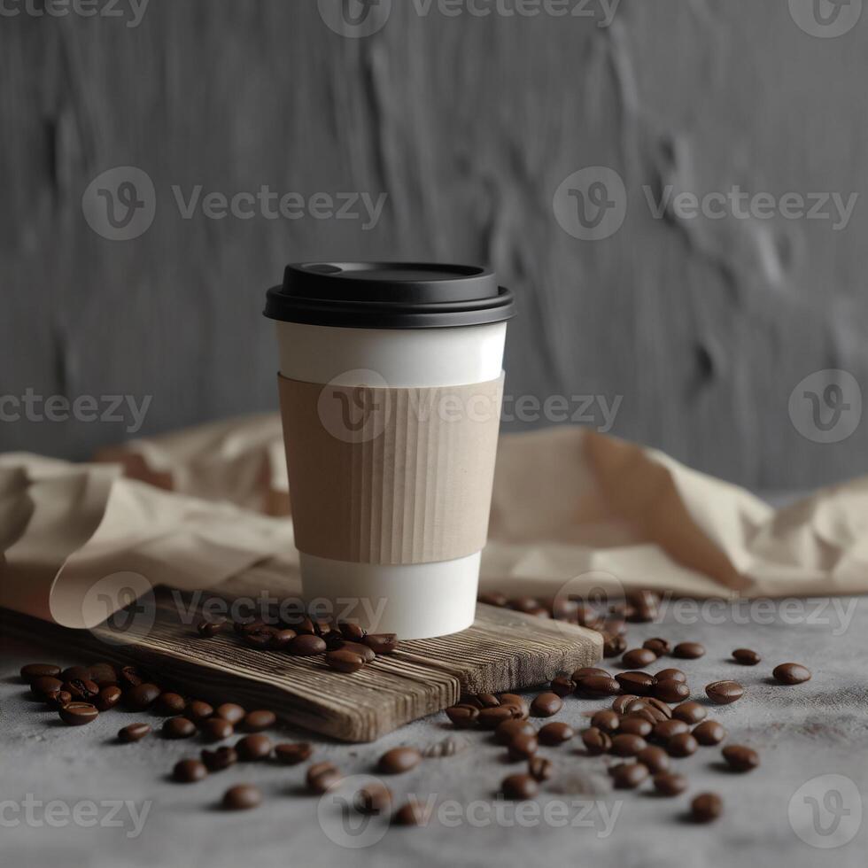 ai generiert Papier Tasche und Tasse von Kaffee Paket Produkt Attrappe, Lehrmodell, Simulation Fotografie, ai generiert. Vorlage Etikett. foto