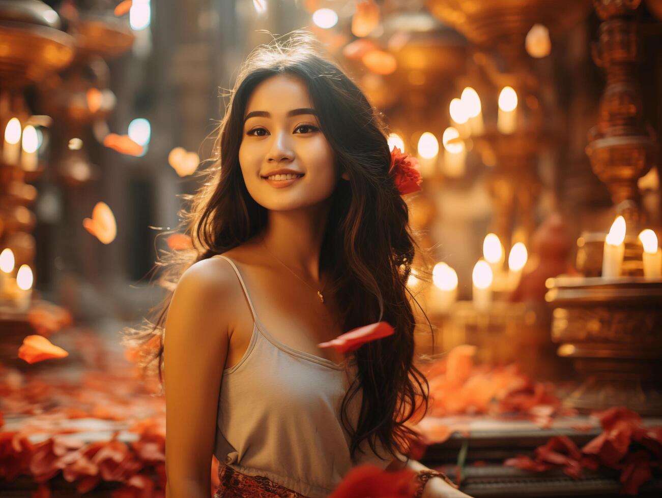 ai generiert Porträt von ein schön asiatisch Frau mit rot Rose Blütenblätter foto
