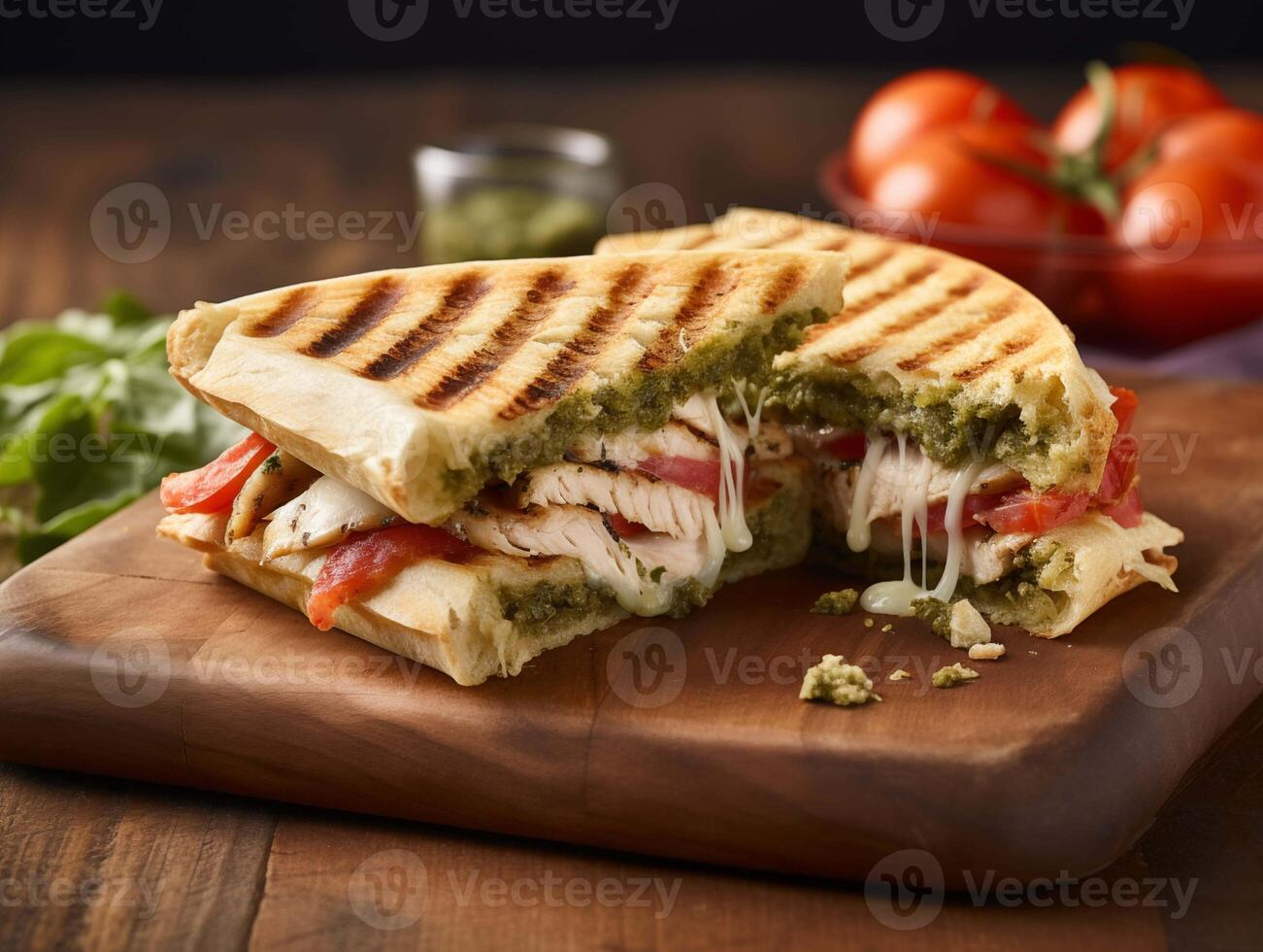 ai generiert lecker Sandwiches mit Pesto Soße auf hölzern Planke, Nahansicht foto