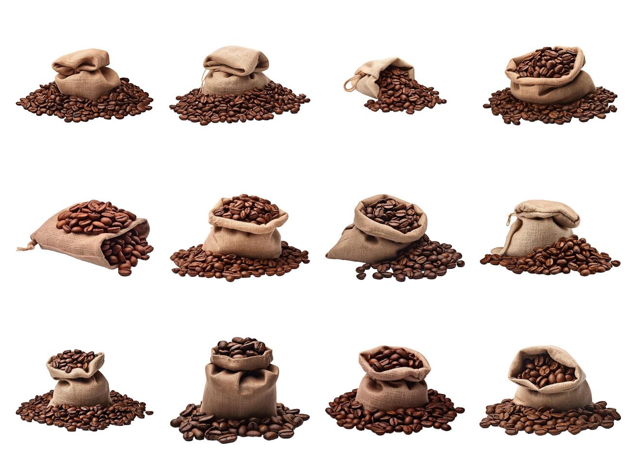 ai generiert Kaffee Bohnen ein Sack Sammlung isoliert auf Weiß Hintergrund. foto