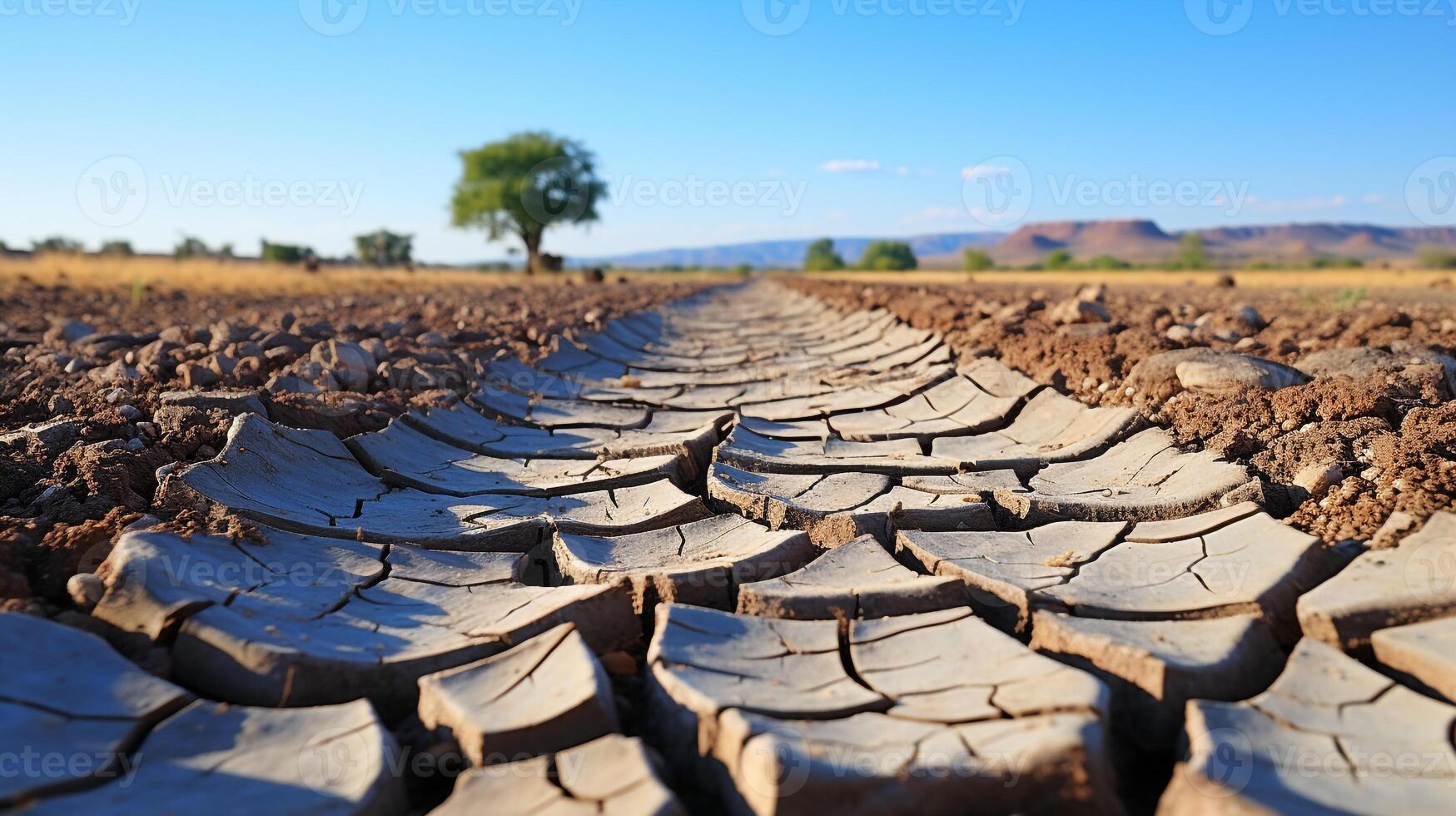 ai generiert ein Foto von ein ausgedörrt, geknackt Flussbett im ein Dürre betroffen Region. generativ ai