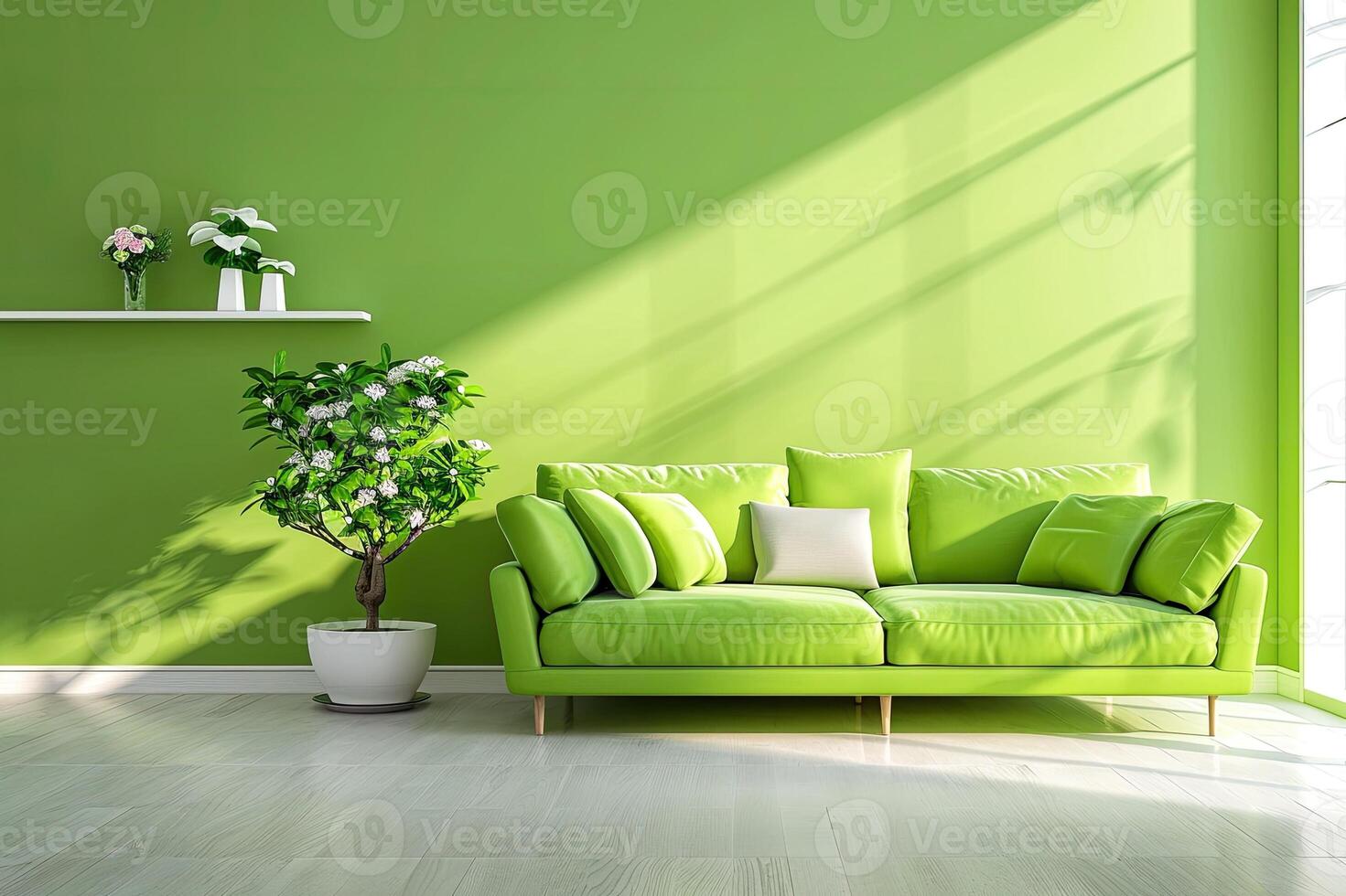 ai generiert modern Grün Leben Zimmer Design mit Sofa und Möbel mit Blumen. foto