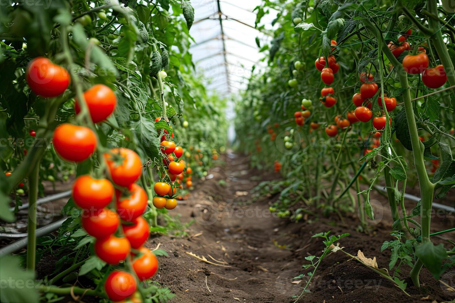 ai generiert frisch organisch reif Tomaten Ast wachsend im Gewächshaus foto