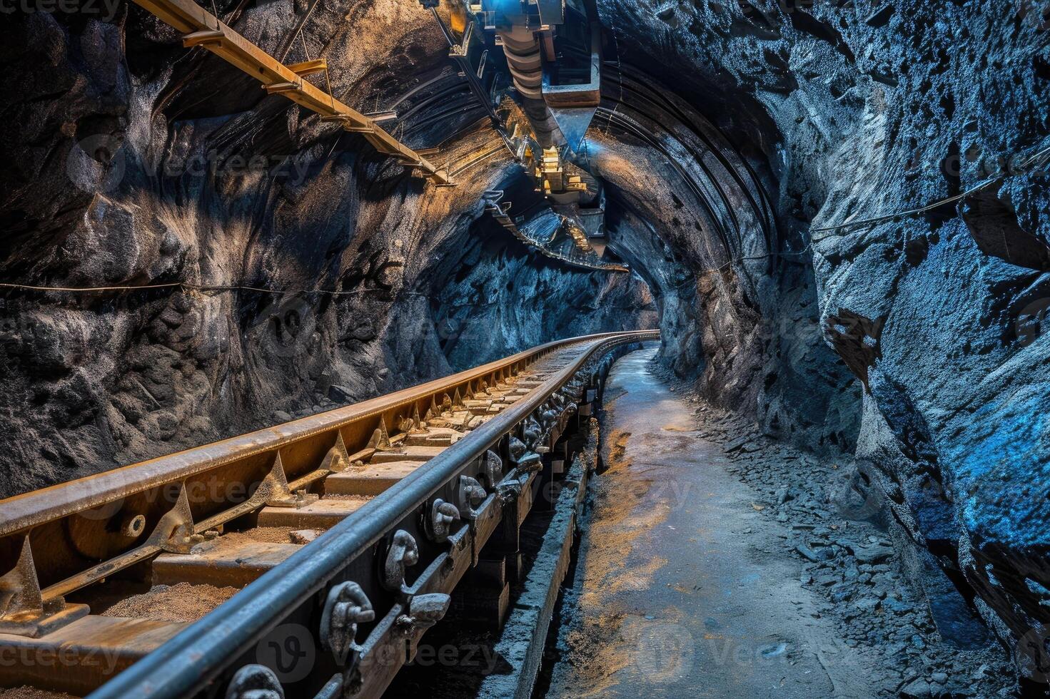 ai generiert Schiene Förderer im ein unter Tage Tunnel. Transport von Erz oder Kohle zu das Oberfläche foto