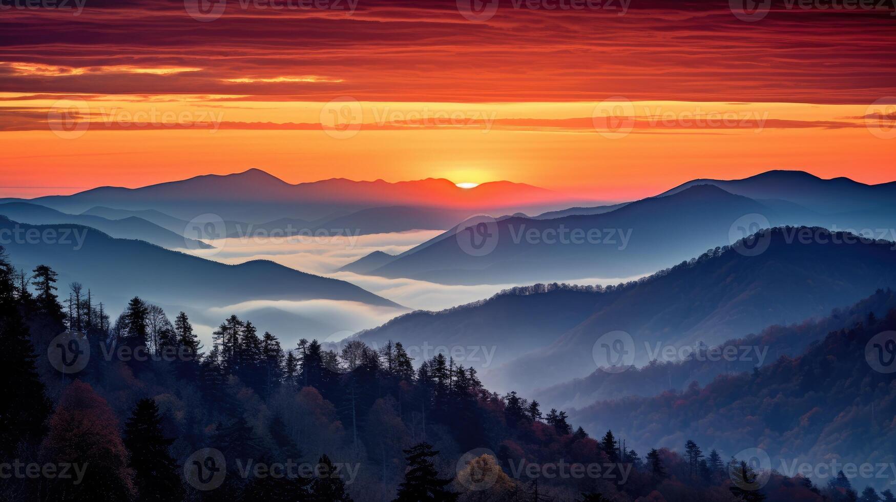 ai generiert Berg Landschaft mit bewaldet Hügel mit Nebel im das Senke beim Sonnenaufgang. atemberaubend natürlich Landschaft foto