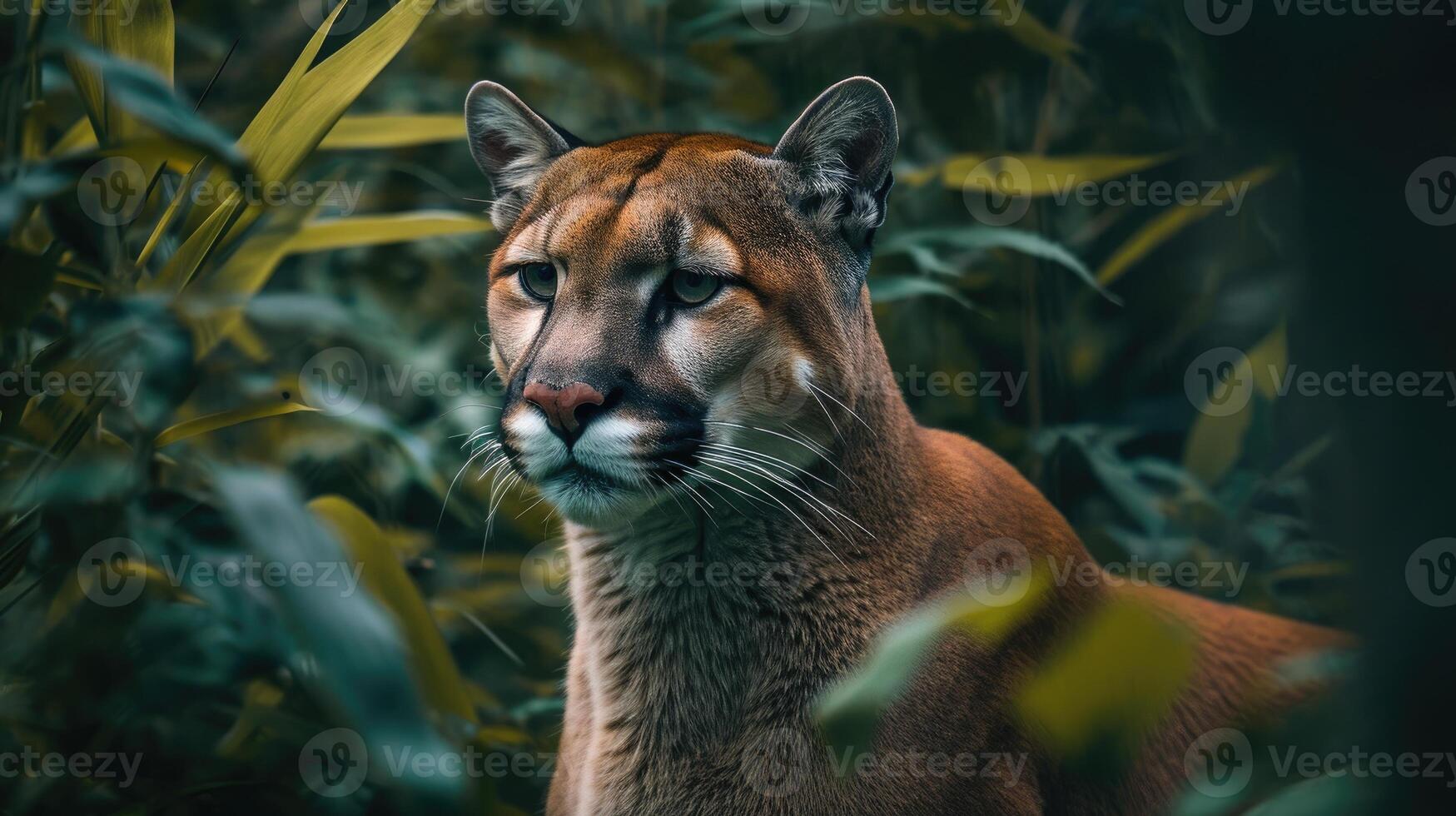 ai generiert Porträt von Puma im Wald. amerikanisch Puma oder Berg Löwe. foto