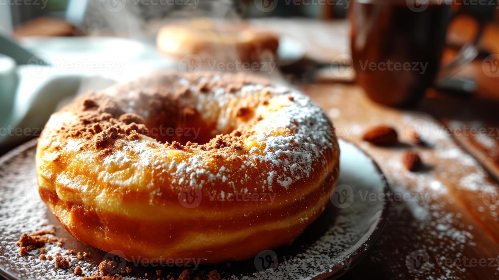 ai generiert köstlich Donuts mit pulverisiert Zucker auf hölzern Tisch. foto