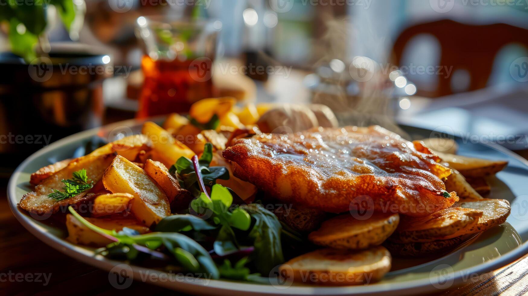 ai generiert Schweinefleisch hacken mit Kartoffeln und Salat auf ein hölzern Tabelle im ein Restaurant. foto