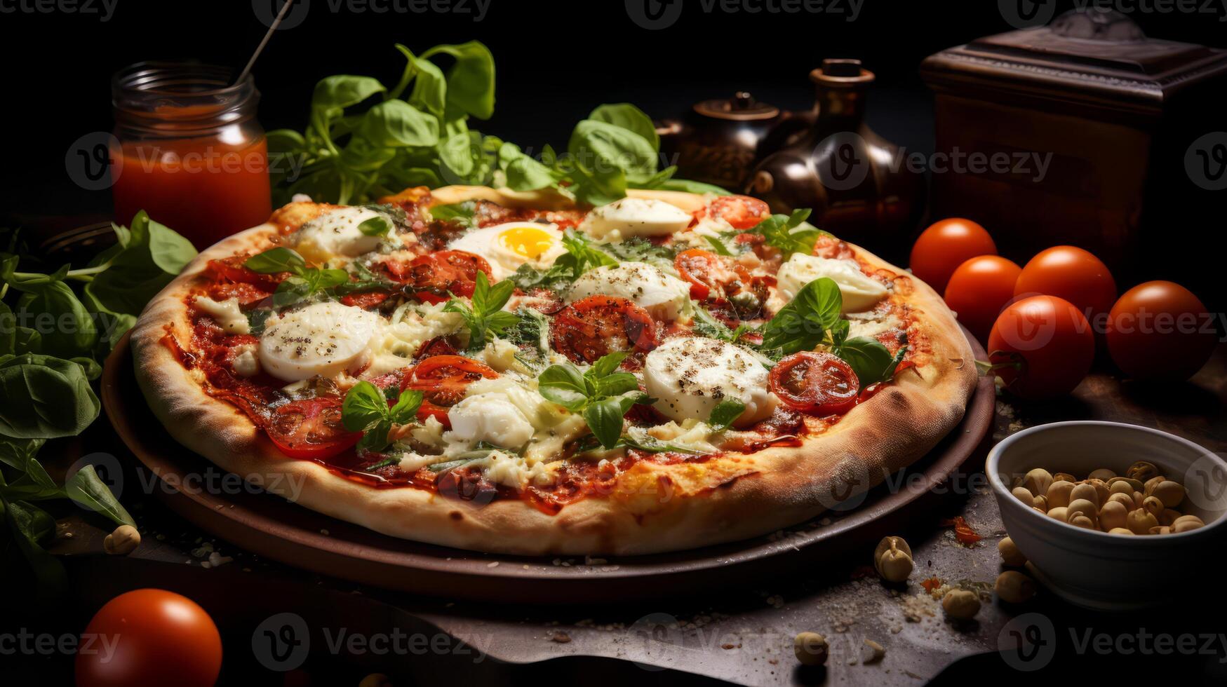 ai generiert Pizza mit Mozzarella, Tomaten und Oliven auf hölzern Hintergrund. foto