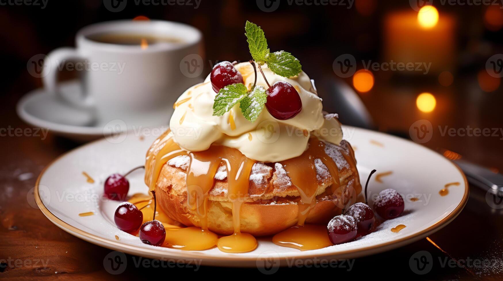 ai generiert Kuchen mit ausgepeitscht Sahne und Karamell Soße auf ein dunkel Hintergrund. foto