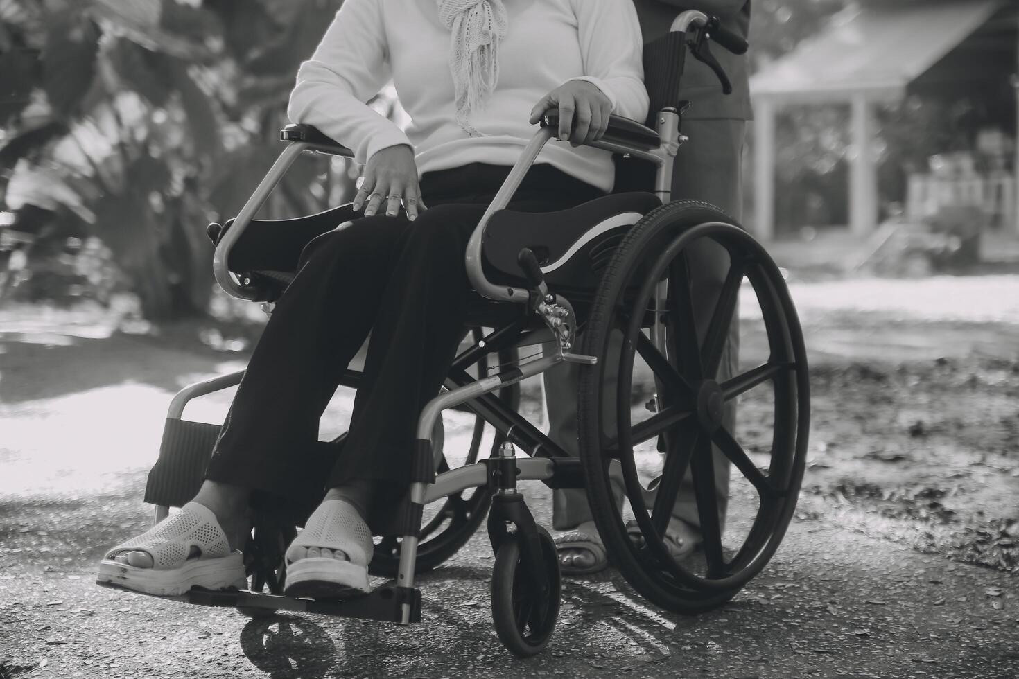 Krankenschwester mit Alten Mann im Rollstuhl beim Park foto