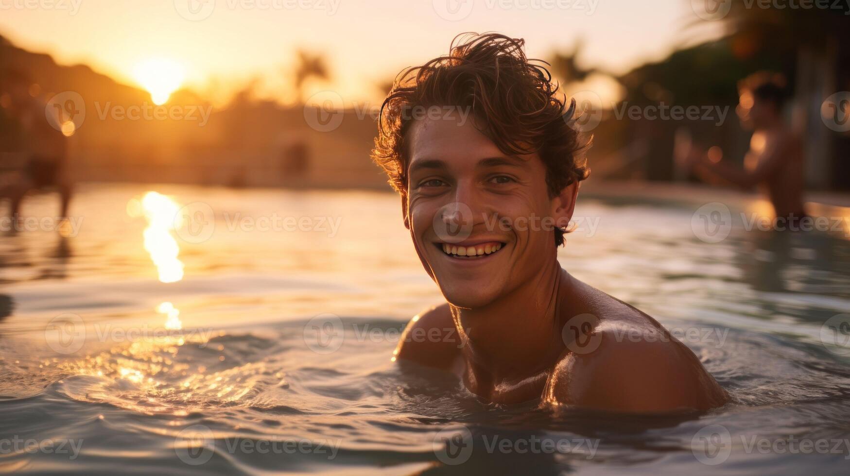 ai generiert jung Mann im das Schwimmbad Schnappschuss foto