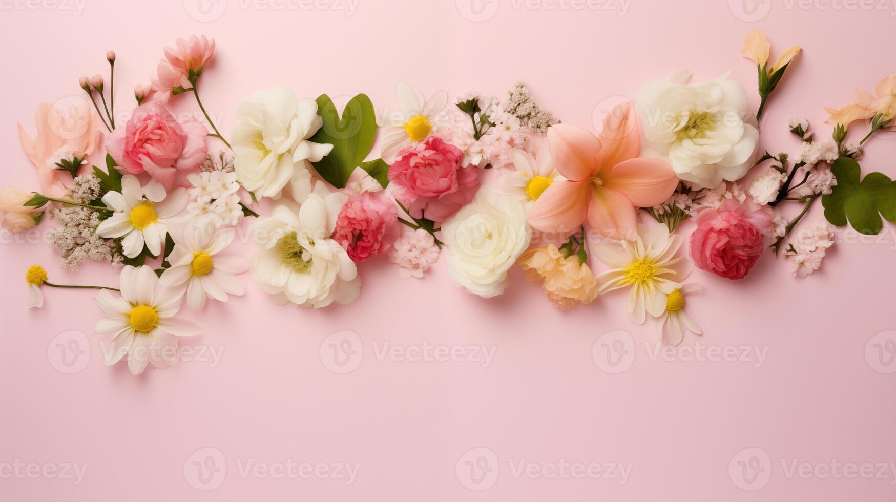 ai generiert Sortiment von Frühling Blumen auf blass Rosa Hintergrund foto