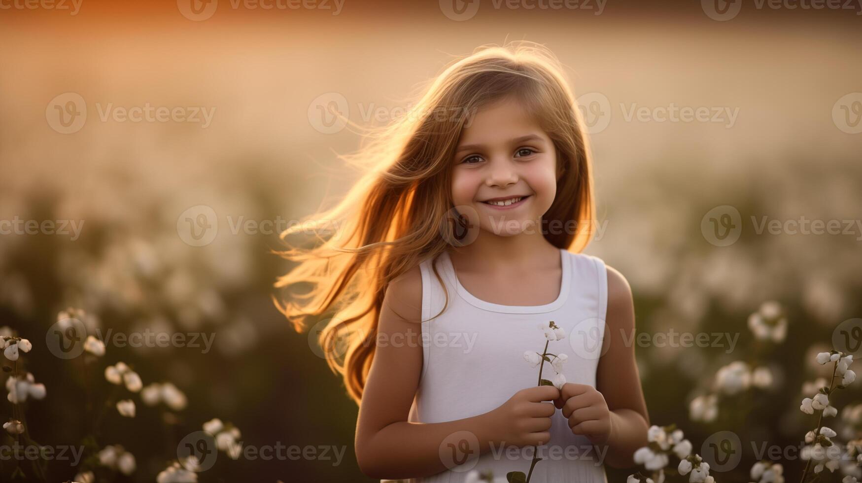 ai generiert Porträt von glücklich schön 6 Jahre alt Mädchen im ein Grün Feld halten Blumen im Frühling Zeit foto