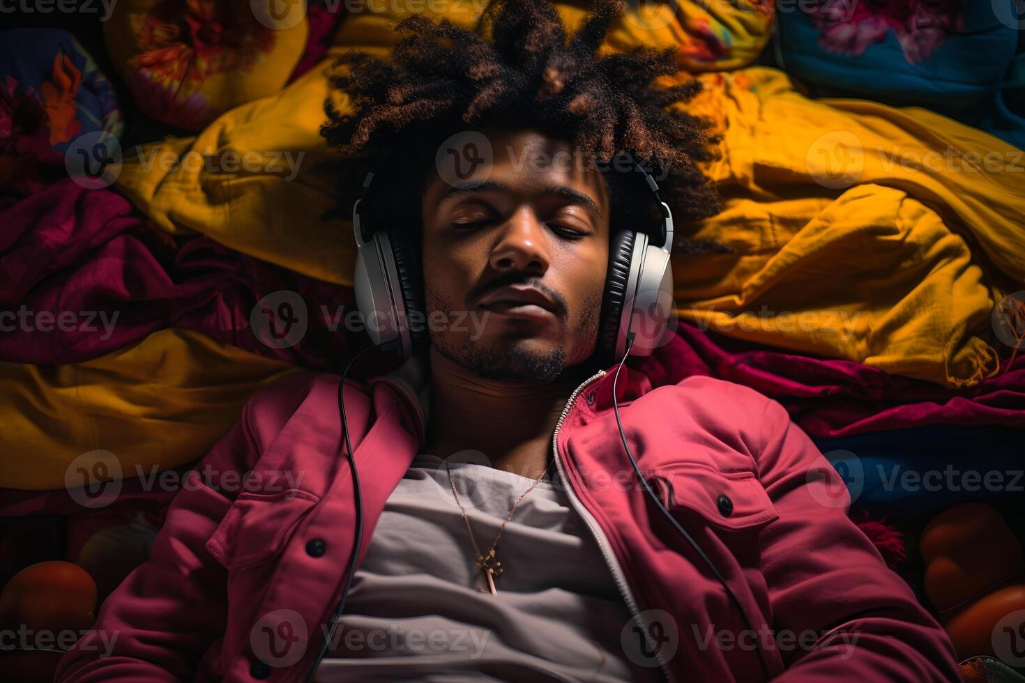 ai generiert Mann Verlegung auf Bett tragen Kopfhörer und Hör mal zu zu lofi Musik- foto