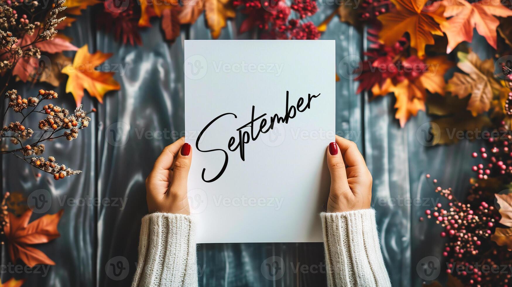 ai generiert Frau halten ein Stück von Papier mit das Wort September. foto