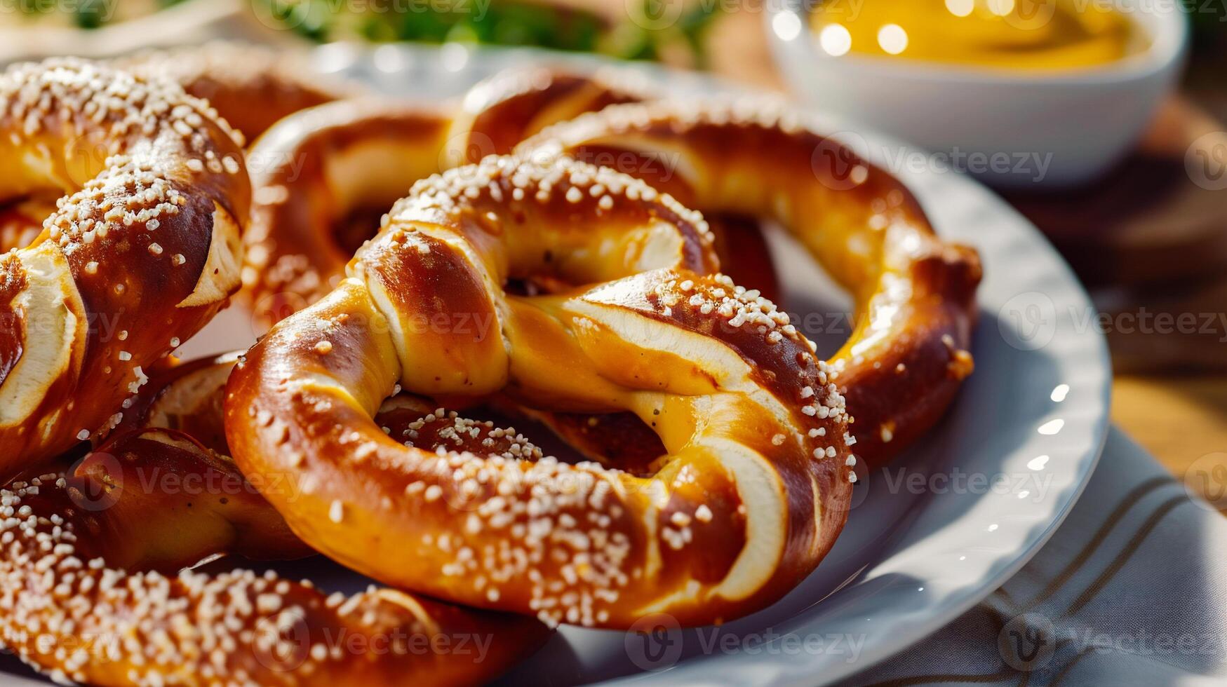 ai generiert bayerisch Brezeln mit Senf auf ein hölzern Tisch. foto