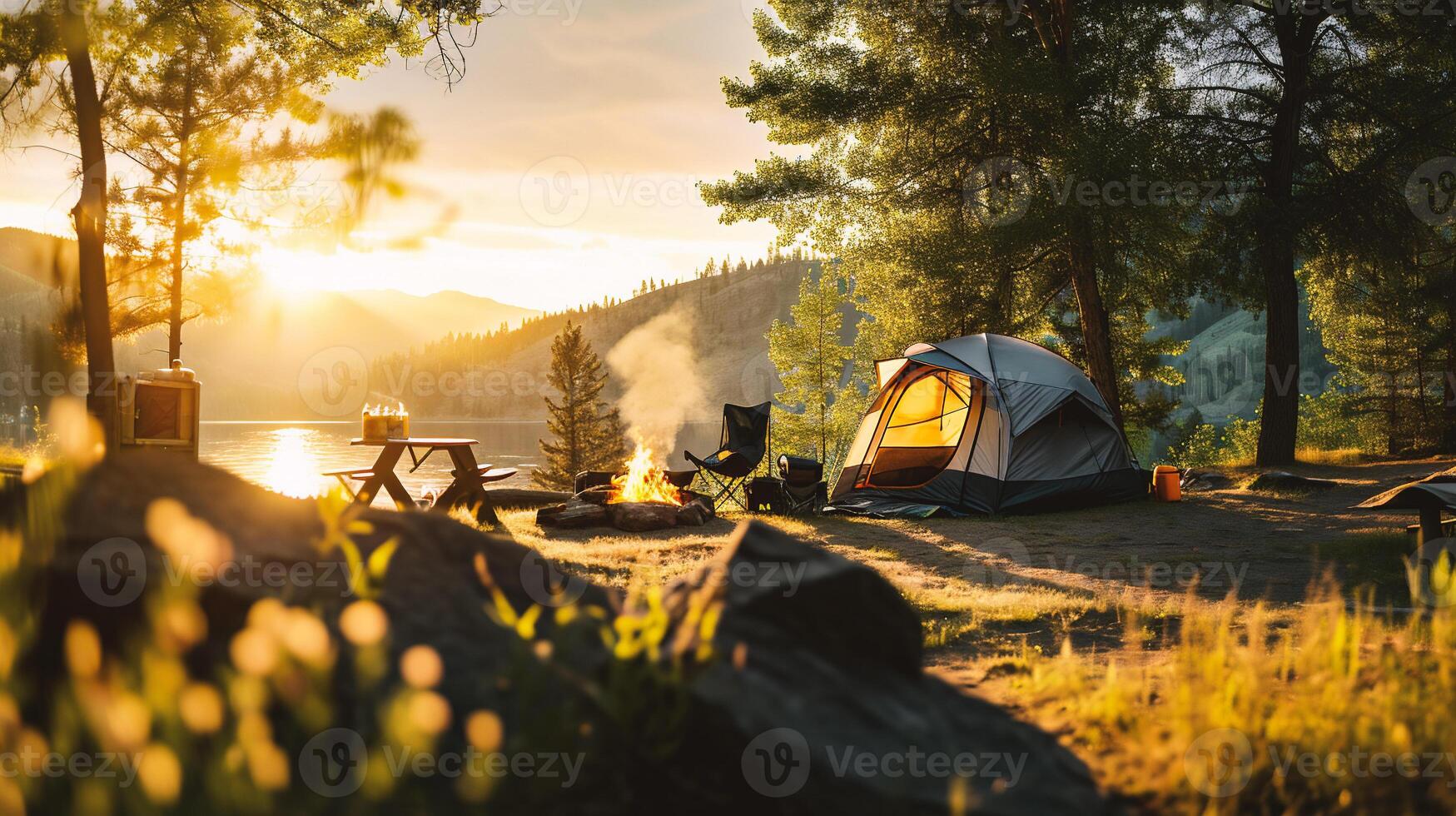 ai generiert Camping im das Wald beim Sonnenuntergang. schön Sommer- Landschaft mit Lagerfeuer und Zelt. foto