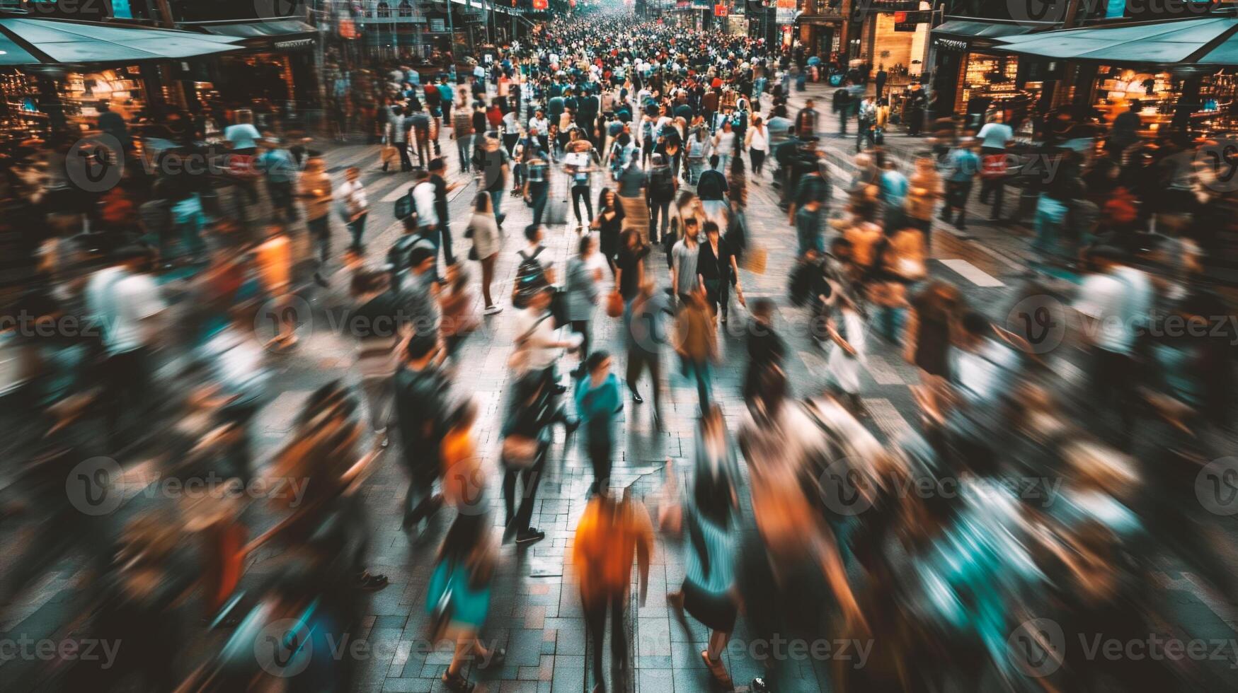 ai generiert Menschen Gehen im das Stadt. verschwommen Bewegung. abstrakt Hintergrund. foto