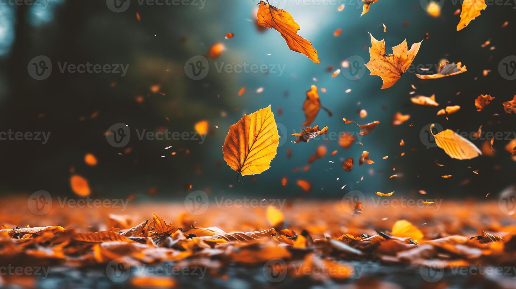 ai generiert Herbst Blätter fliegend im das Luft im das Wald. natürlich Hintergrund foto