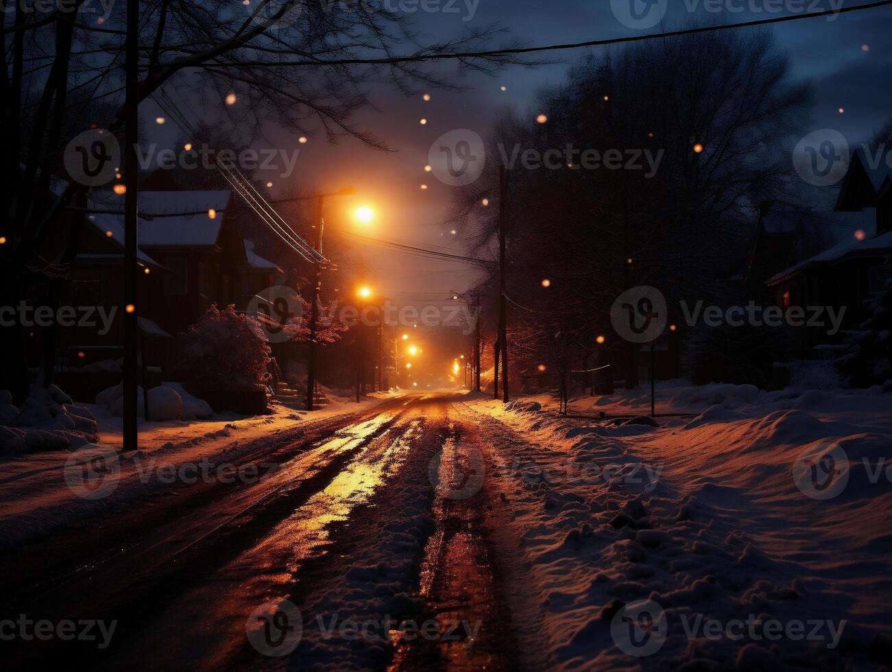 ai generiert Winter Straße im das Dorf beim Nacht mit Beleuchtung und Schneeflocken foto