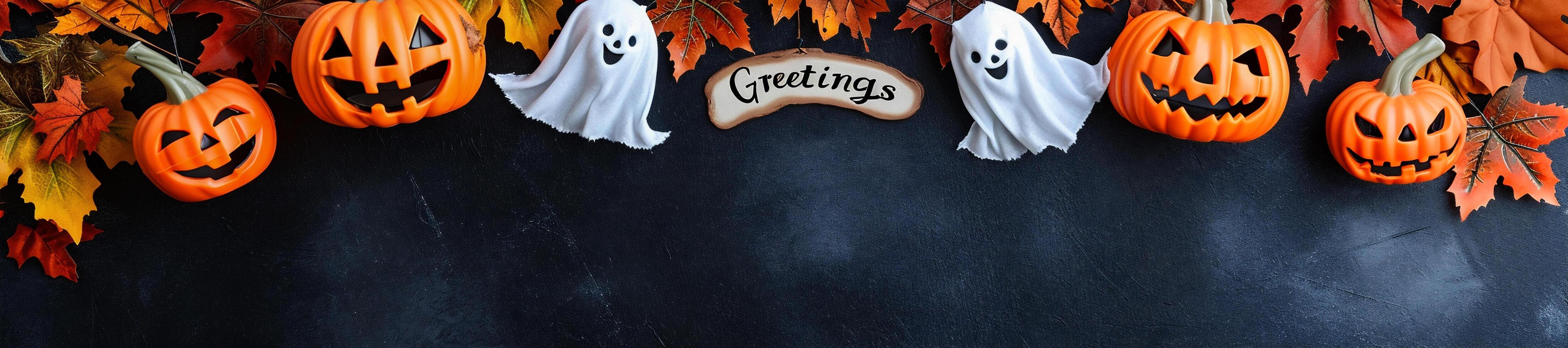 ai generiert Halloween Banner mit Kürbisse und Herbst Blätter auf dunkel Hintergrund. foto