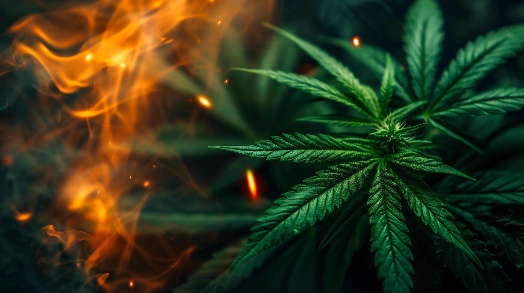 ai generiert Cannabis Blatt auf Feuer Hintergrund. Blühen Marihuana Pflanze. Cannabis wachsen Betrieb. foto