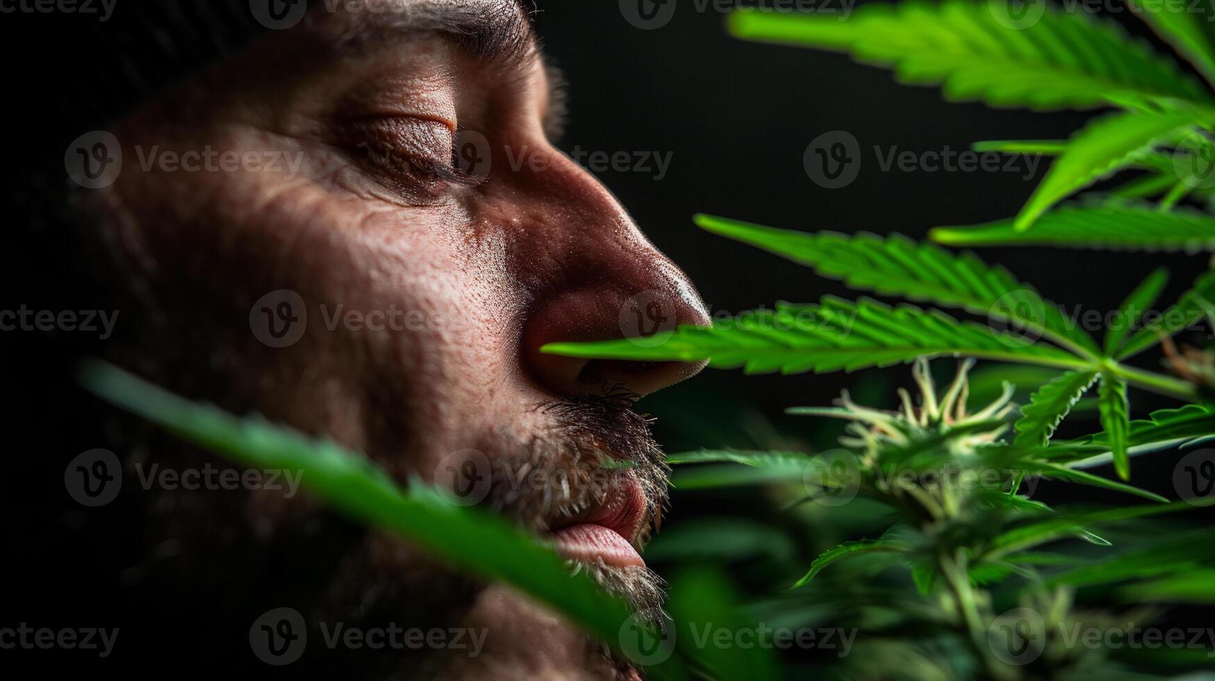 ai generiert schließen oben von ein Mann mit Bart und Schnurrbart riechen Cannabis Blätter. foto